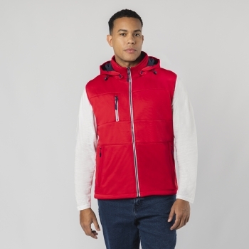 Chaleco Seldon adulto soft shell triple capa — 300 g/m² con capucha ajustable desmontable, interior micropolar en contraste, cuello elevado y cordón en dobladillo