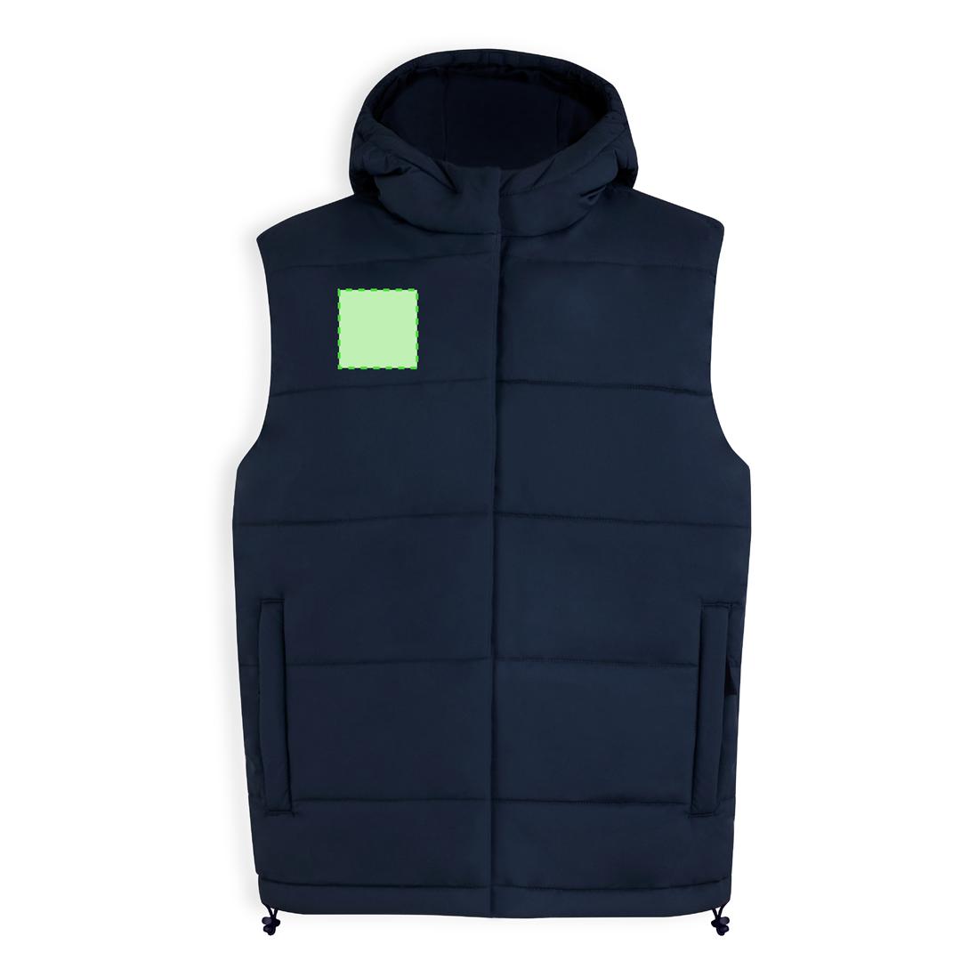 Chaleco Brooke adulto acolchado — 100% poliéster ligero con construcción horizontal acolchada, capucha fija, doble cierre cremallera y corchetes, tallas XS-XXL