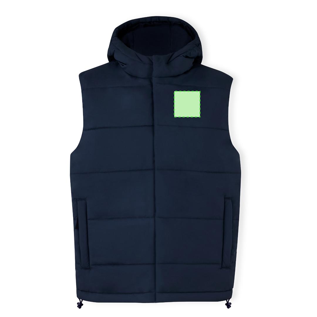 Chaleco Brooke adulto acolchado — 100% poliéster ligero con construcción horizontal acolchada, capucha fija, doble cierre cremallera y corchetes, tallas XS-XXL