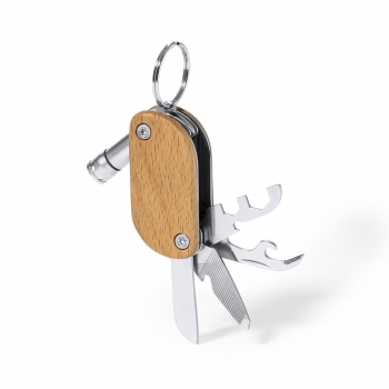 Llavero multiherramienta de madera y acero inox 9 funciones y linterna LED