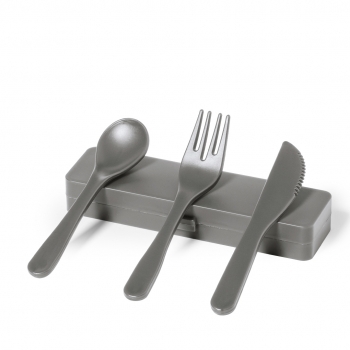 Set 3 cubiertos de PP reciclado mate en estuche coordinado — Food Grade — bolsa reciclada