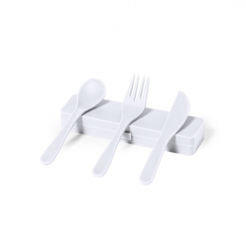 Set 3 cubiertos de PP reciclado mate en estuche coordinado — Food Grade — bolsa reciclada