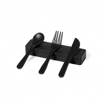 Set 3 cubiertos de PP reciclado mate en estuche coordinado — Food Grade — bolsa reciclada