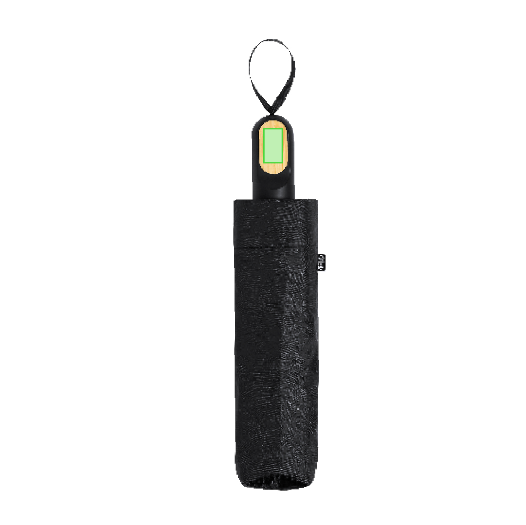 Paraguas plegable RPET antiviento con detalle de bambú en el mango ergonómico — funda y bolsa reciclada