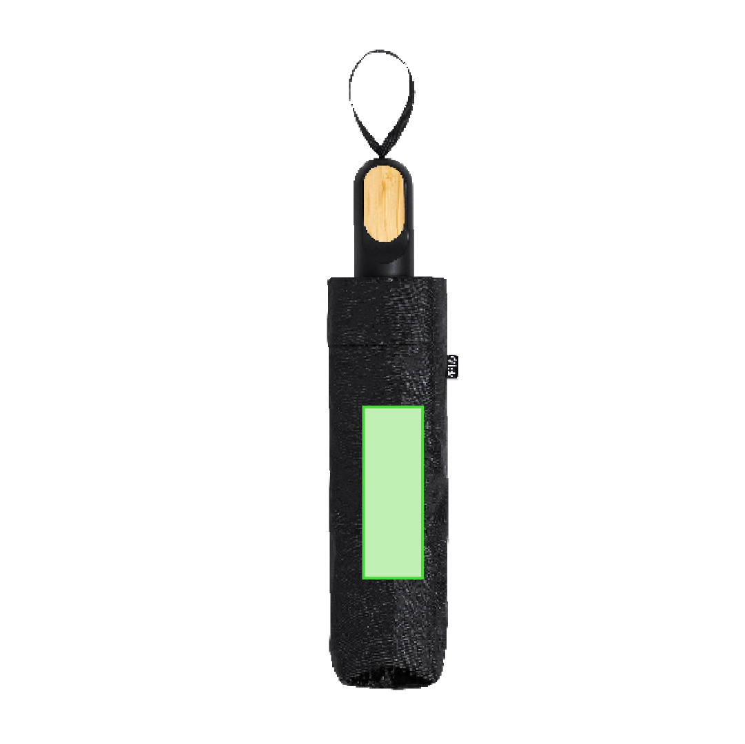 Paraguas plegable RPET antiviento con detalle de bambú en el mango ergonómico — funda y bolsa reciclada