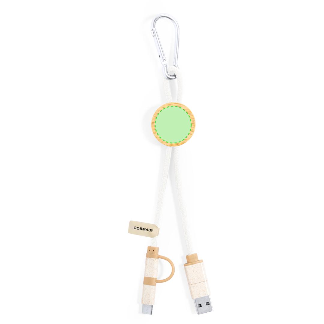 Cable cargador de bambu natural 3 en 1 con Micro-USB, Tipo-C y Lightning