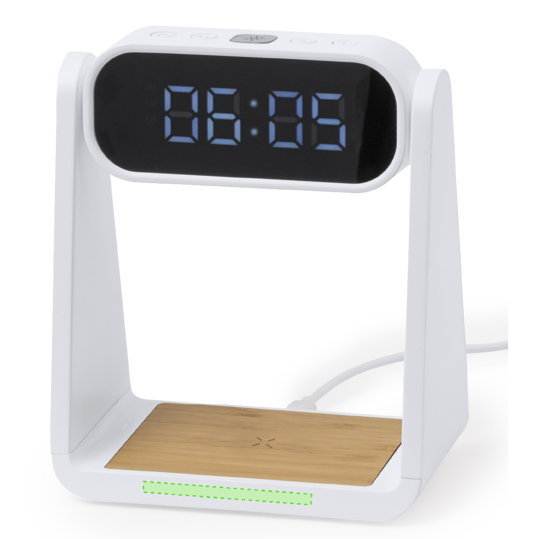 Reloj de escritorio de bambú con lámpara LED, cargador inalámbrico 10W y USB