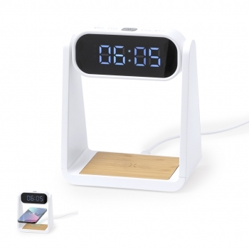 Reloj de escritorio de bambú con lámpara LED, cargador inalámbrico 10W y USB