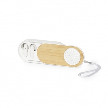 Set 2 en 1 auriculares + altavoz Bluetooth en bambú y caña de trigo con base LED carga