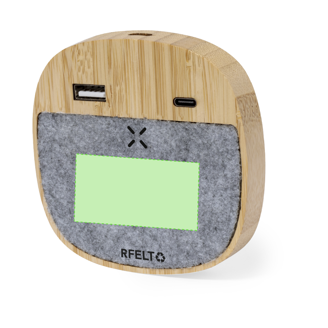 Cargador inalámbrico de fieltro RPET 15W con salida USB y Tipo-C