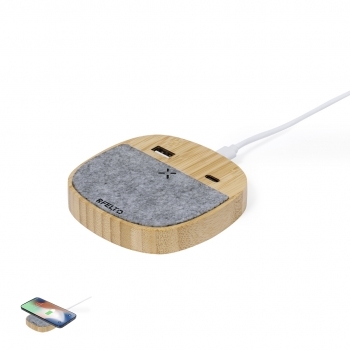 Cargador inalámbrico de fieltro RPET 15W con salida USB y Tipo-C