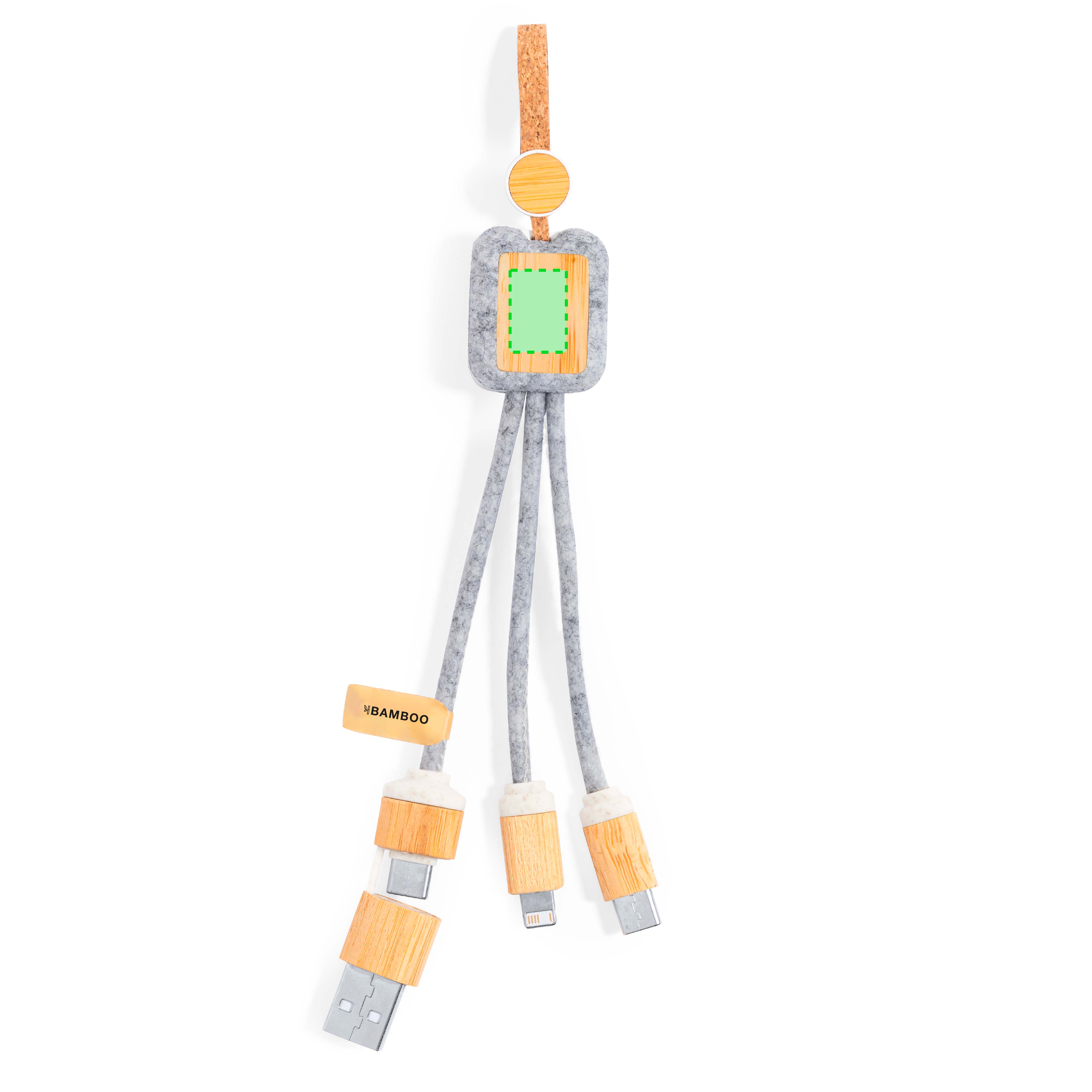 Cable cargador 3 en 1 de fieltro RPET con Micro-USB, Tipo-C y Lightning