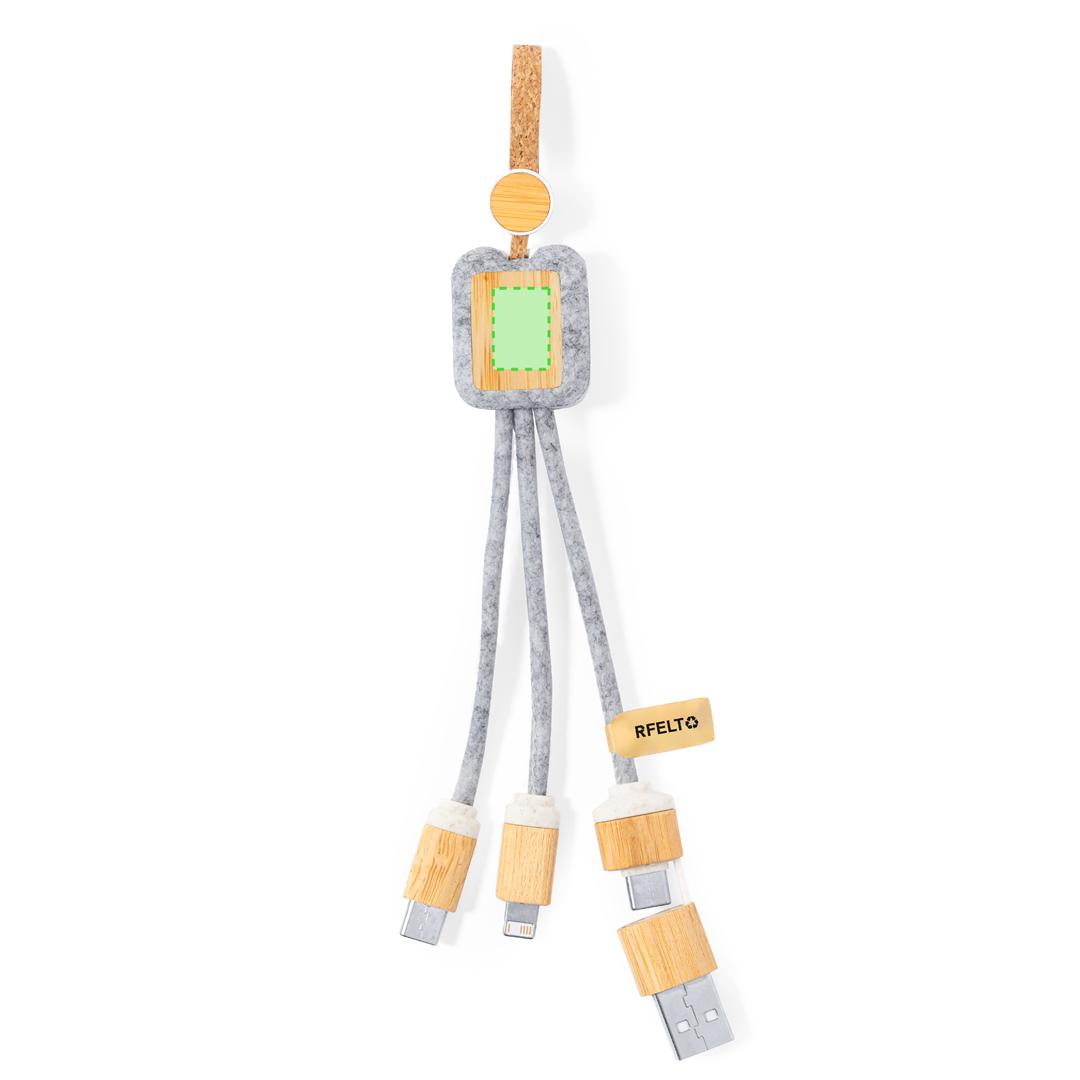 Cable cargador 3 en 1 de fieltro RPET con Micro-USB, Tipo-C y Lightning