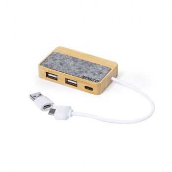Hub USB de fieltro RPET y bambú con 2 USB-A y 1 Tipo-C