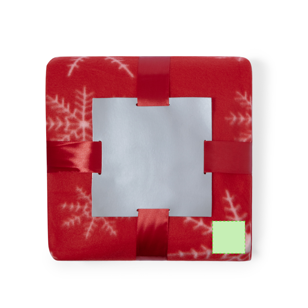 Manta navideña Landak polar fleece 200 g/m² — 130x160 cm roja con motivos navideños en blanco, anti-pilling, presentada con cartón plateado y cinta lazo