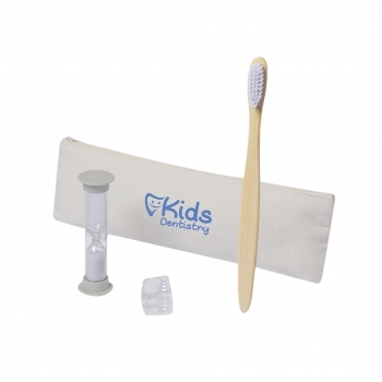 Set cepillo bambú con reloj arena caña de trigo 2 minutos en funda algodón