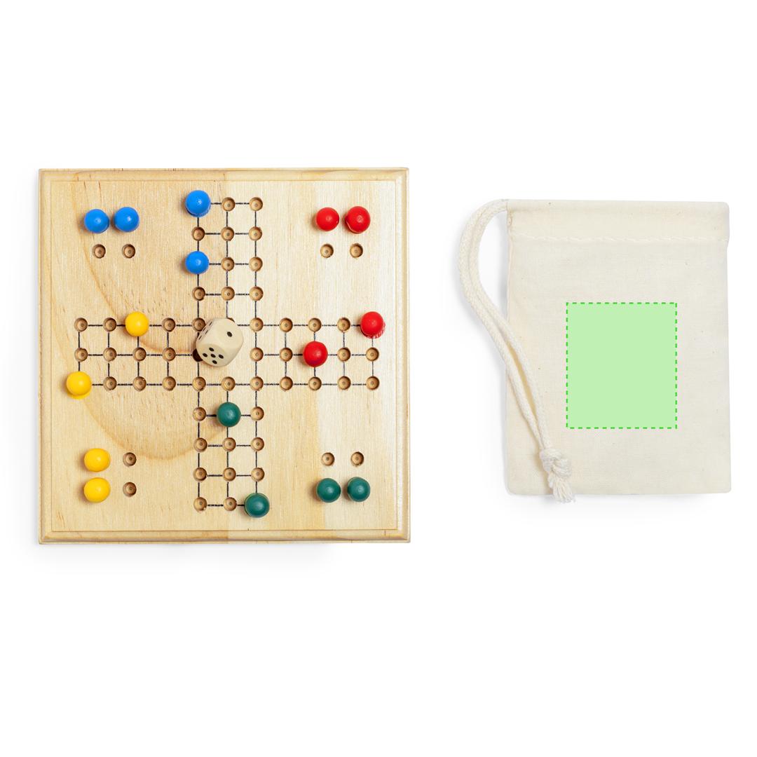 Juego de parchís de madera con tablero 16 fichas y dado en bolsa de algodón