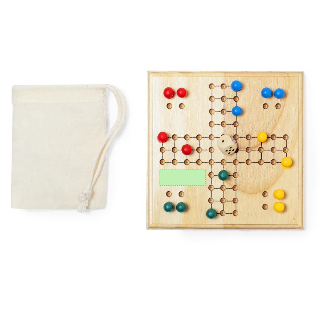 Juego de parchís de madera con tablero 16 fichas y dado en bolsa de algodón