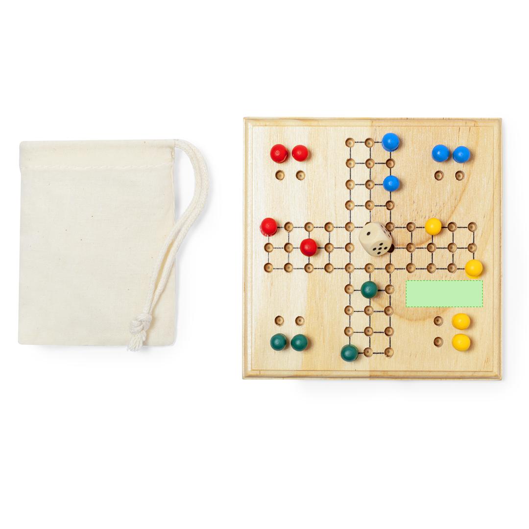 Juego de parchís de madera con tablero 16 fichas y dado en bolsa de algodón