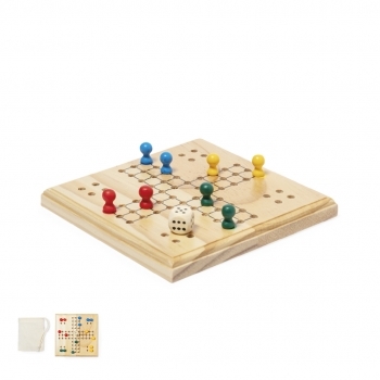 Juego de parchís de madera con tablero 16 fichas y dado en bolsa de algodón