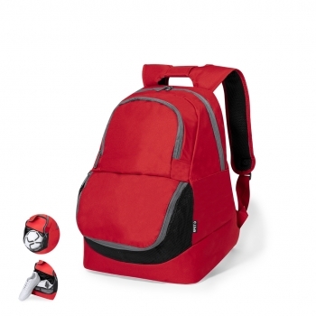 Mochila deportiva de RPET 600D con compartimento calzado/balones de rejilla, doble cremallera y gama de colores