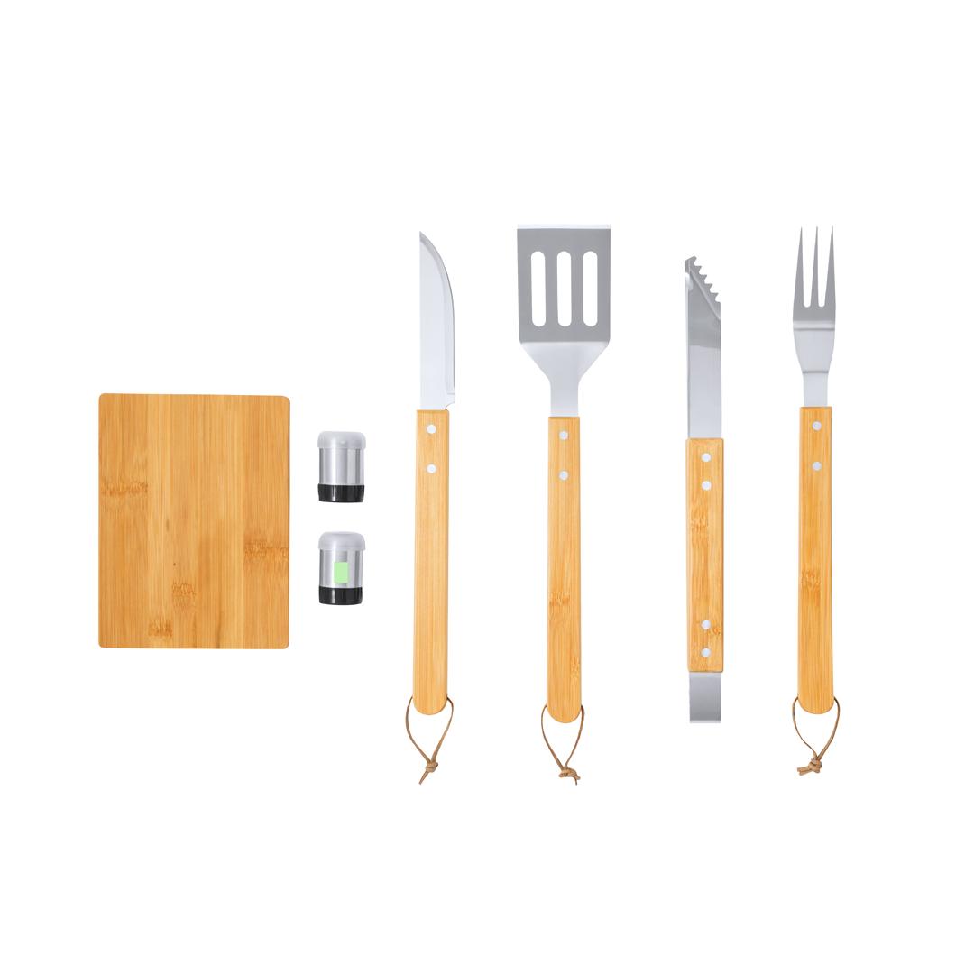 Set de barbacoa de bambú y acero inoxidable 7 accesorios
