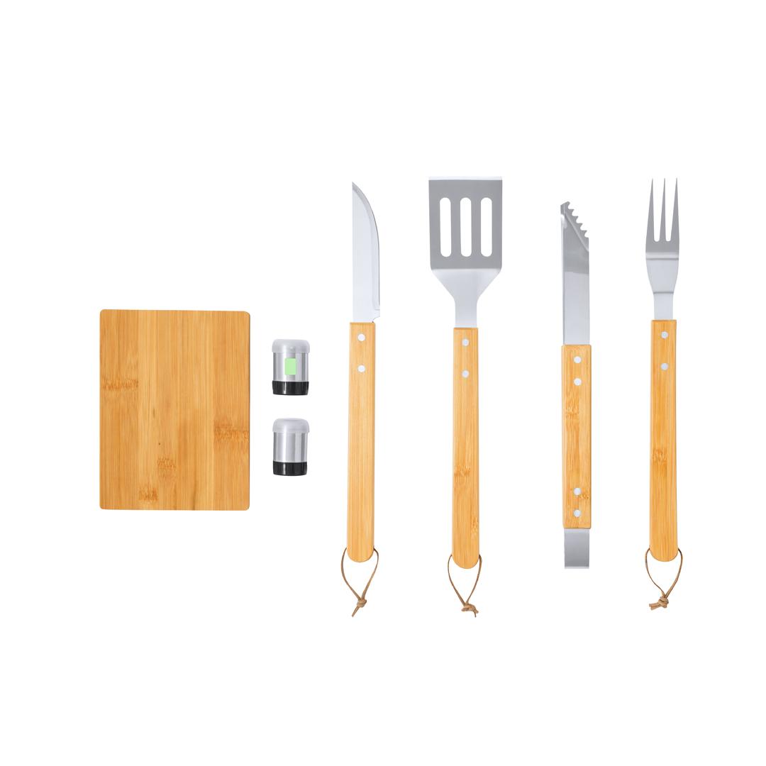 Set de barbacoa de bambú y acero inoxidable 7 accesorios