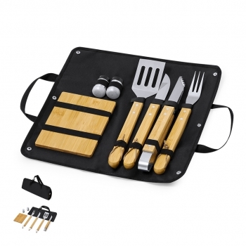 Set de barbacoa de bambú y acero inoxidable 7 accesorios