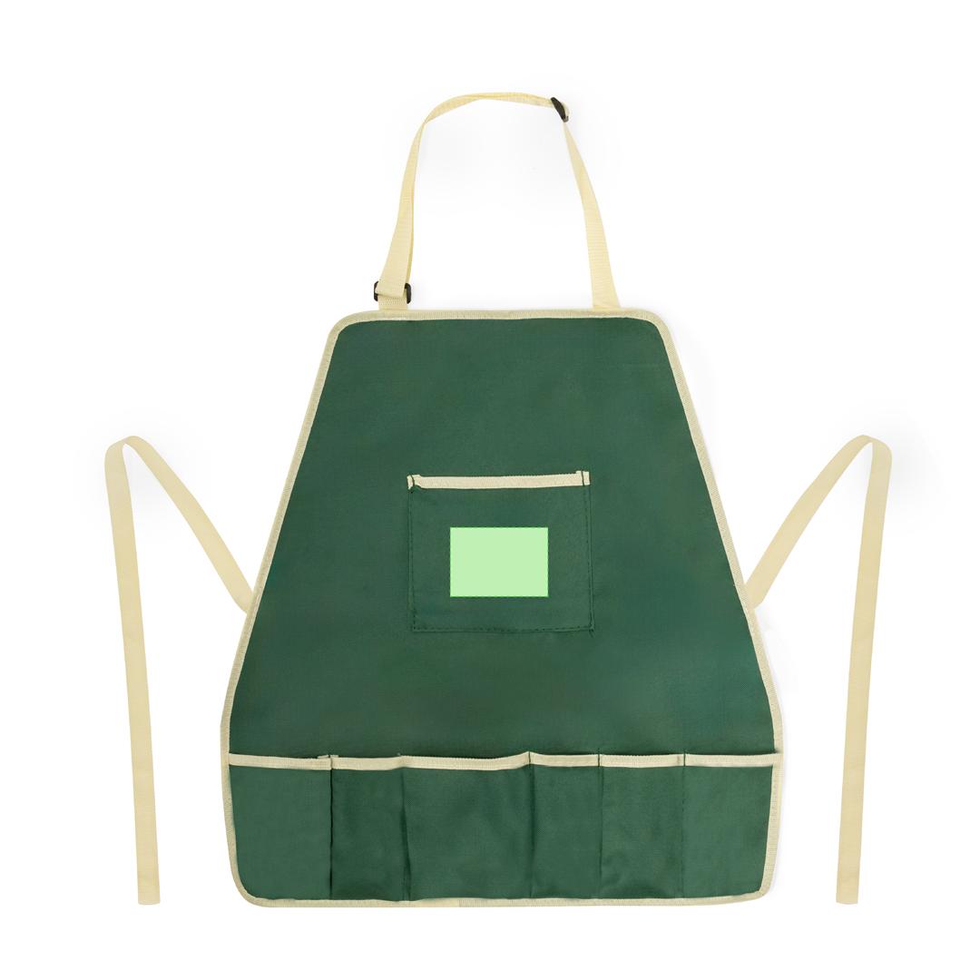 Set de jardinería completo 8 accesorios con delantal ajustable y caja kraft: 2 palas, 2 rastrillos, punzón, tijeras y guantes