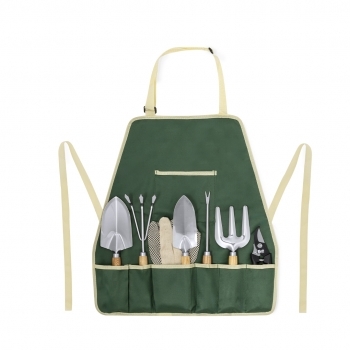Set de jardinería completo 8 accesorios con delantal ajustable y caja kraft: 2 palas, 2 rastrillos, punzón, tijeras y guantes