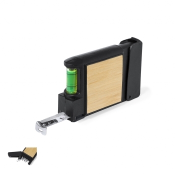 Flexómetro multiherramienta bambú ABS 5 accesorios 7 funciones freno