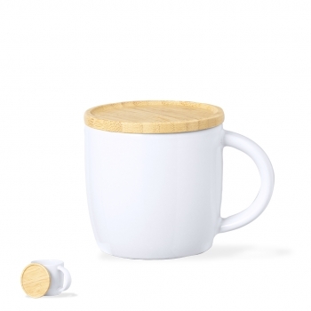 Set taza de cerámica premium con tapa y base de bambú 350 ml