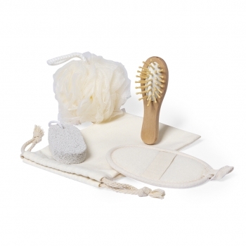 Set de baño 4 accesorios con cepillo pelo espejo piedra pómez en bolsa algodón