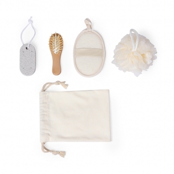 Set de baño 4 accesorios con cepillo pelo espejo piedra pómez en bolsa algodón