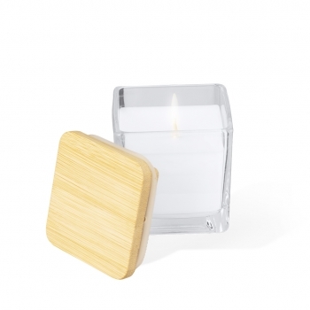 Vela aromática de cristal con tapa de bambú aroma vainilla compacta