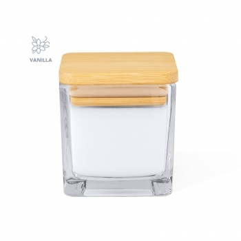 Vela aromática de cristal con tapa de bambú aroma vainilla compacta