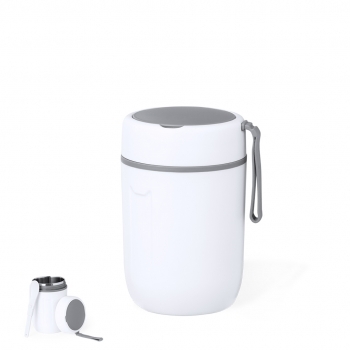 Fiambrera de doble pared en acero inox y PP 500 ml con cubierto plegable y asa de transporte