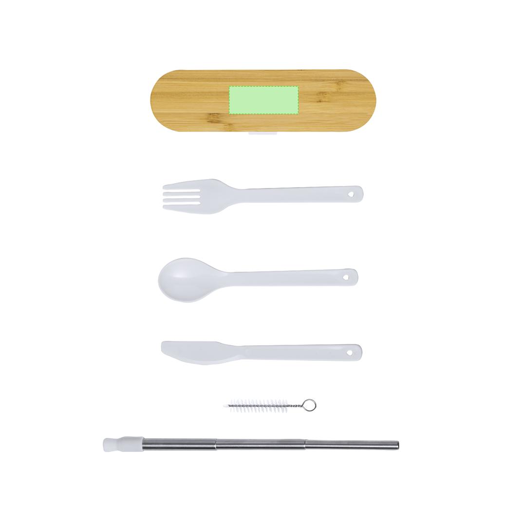 Set 5 cubiertos de PP con tapa de bambú, pajita plegable y limpiador — estuche coordinado