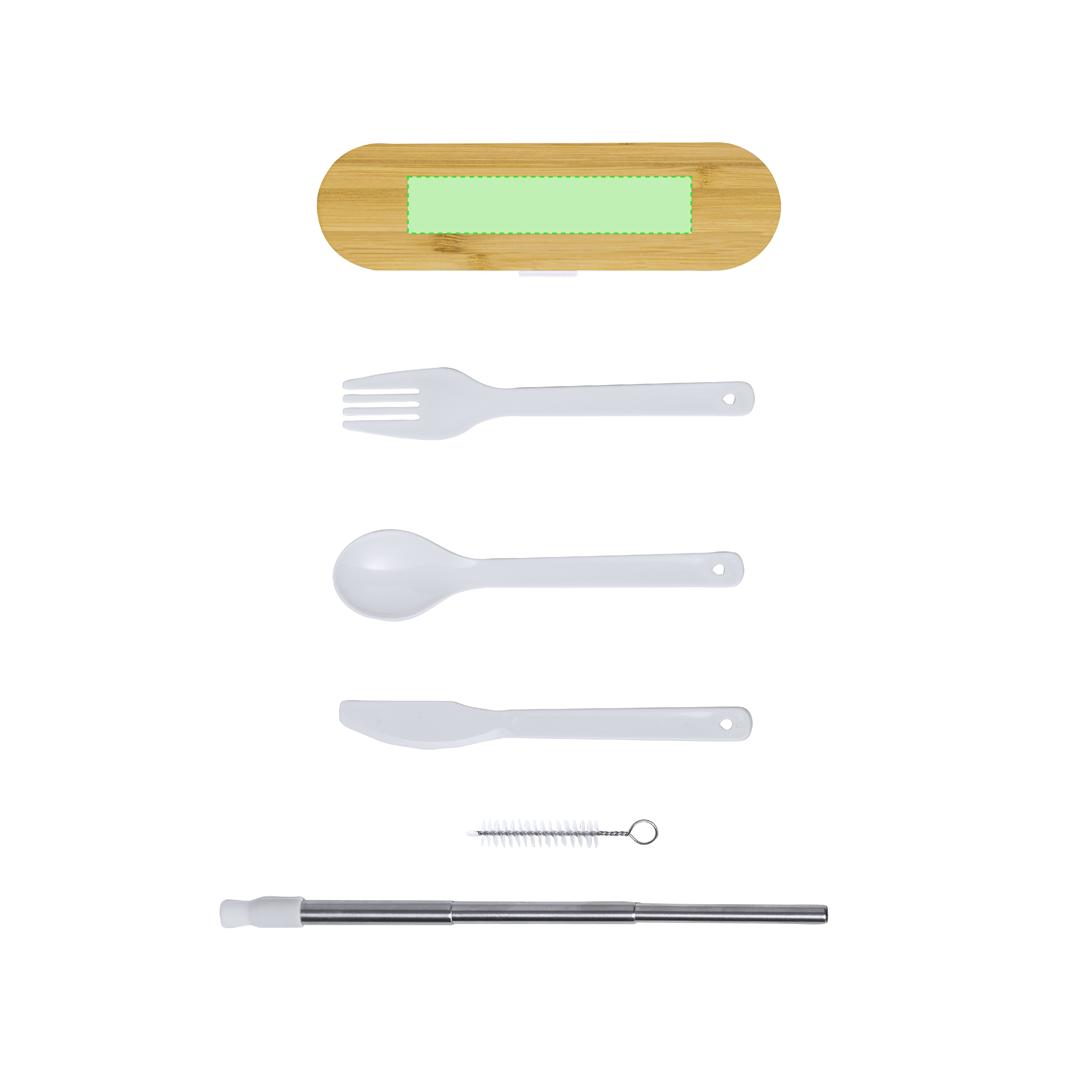 Set 5 cubiertos de PP con tapa de bambú, pajita plegable y limpiador — estuche coordinado