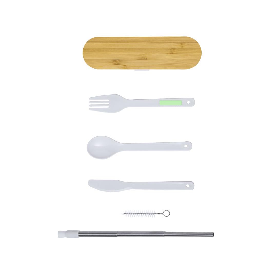 Set 5 cubiertos de PP con tapa de bambú, pajita plegable y limpiador — estuche coordinado