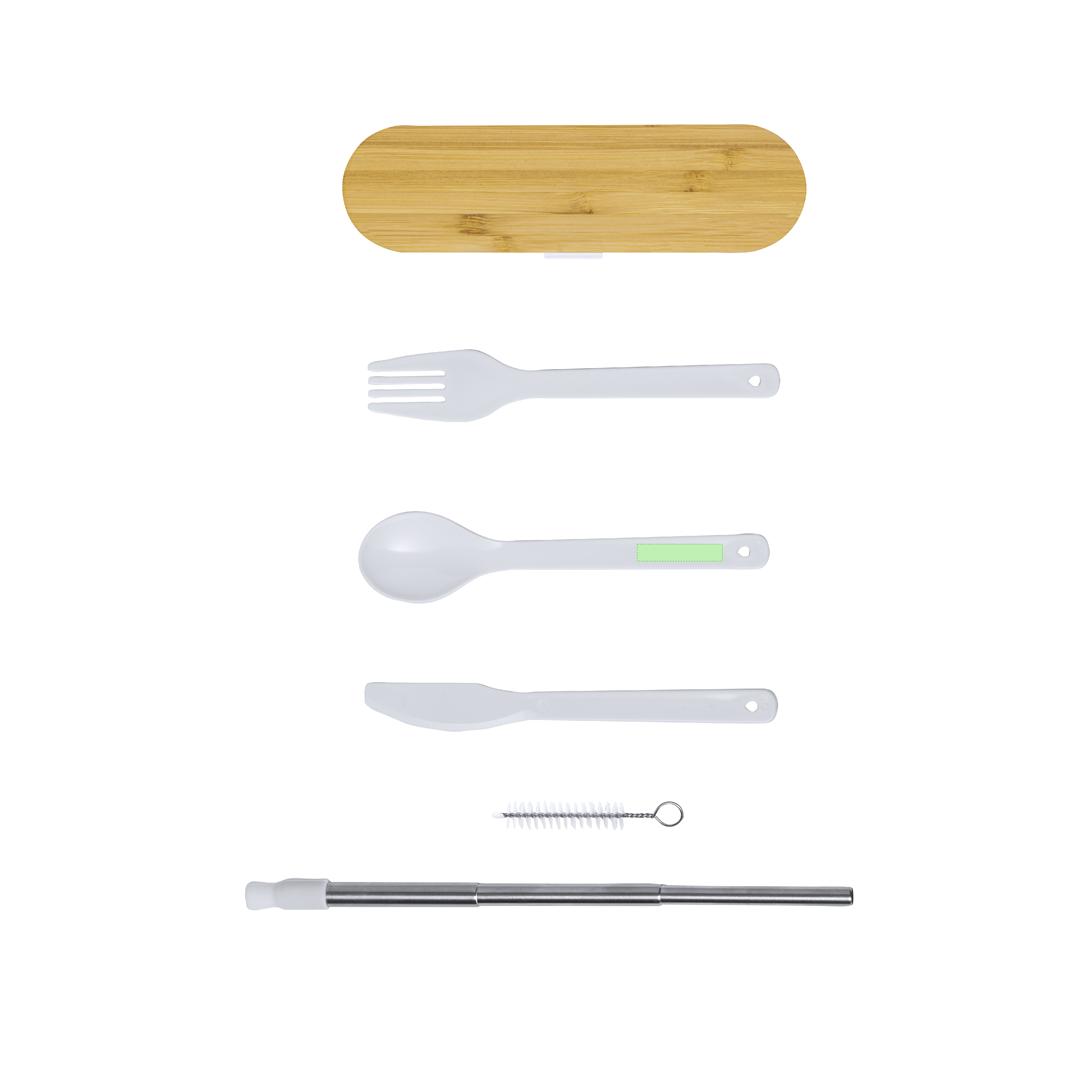 Set 5 cubiertos de PP con tapa de bambú, pajita plegable y limpiador — estuche coordinado