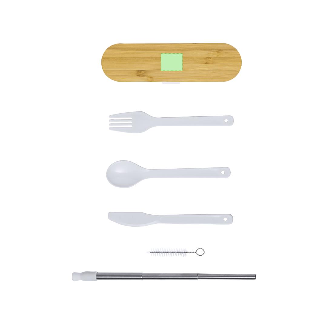 Set 5 cubiertos de PP con tapa de bambú, pajita plegable y limpiador — estuche coordinado