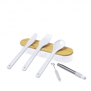 Set 5 cubiertos de PP con tapa de bambú, pajita plegable y limpiador — estuche coordinado