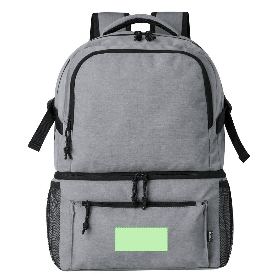 Mochila nevera de RPET 600D con compartimento isotérmico PEVA en base, doble tirador y bolsillos malla