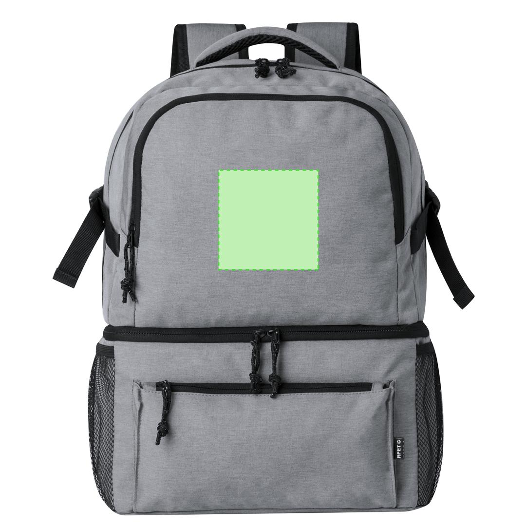 Mochila nevera de RPET 600D con compartimento isotérmico PEVA en base, doble tirador y bolsillos malla