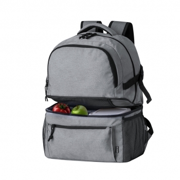 Mochila nevera de RPET 600D con compartimento isotérmico PEVA en base, doble tirador y bolsillos malla