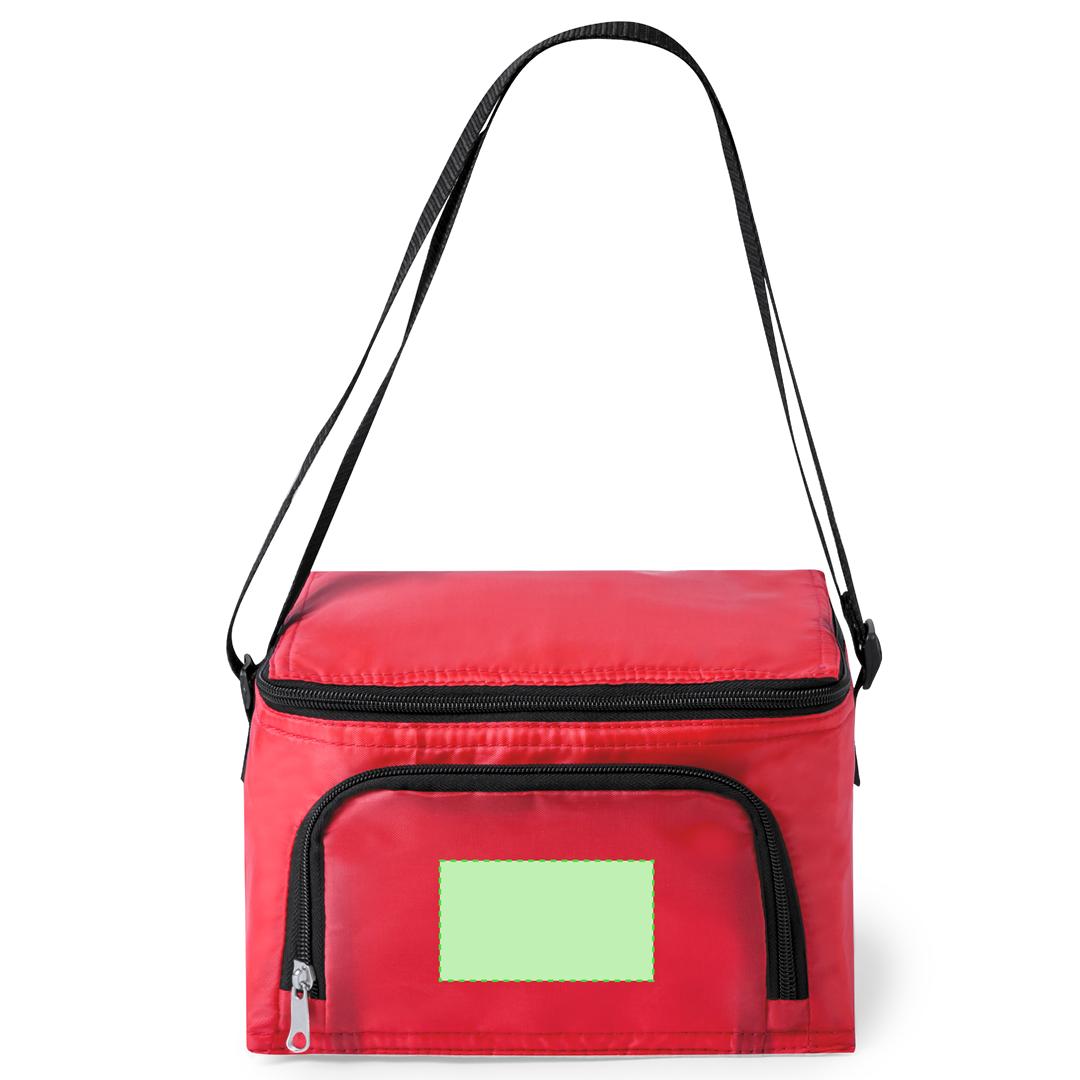 Nevera de poliéster 210D con bandolera ajustable y amplio bolsillo frontal — detalles en negro