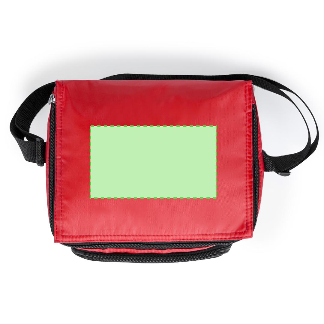 Nevera de poliéster 210D con bandolera ajustable y amplio bolsillo frontal — detalles en negro