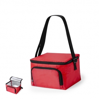 Nevera de poliéster 210D con bandolera ajustable y amplio bolsillo frontal — detalles en negro