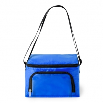 Nevera de poliéster 210D con bandolera ajustable y amplio bolsillo frontal — detalles en negro
